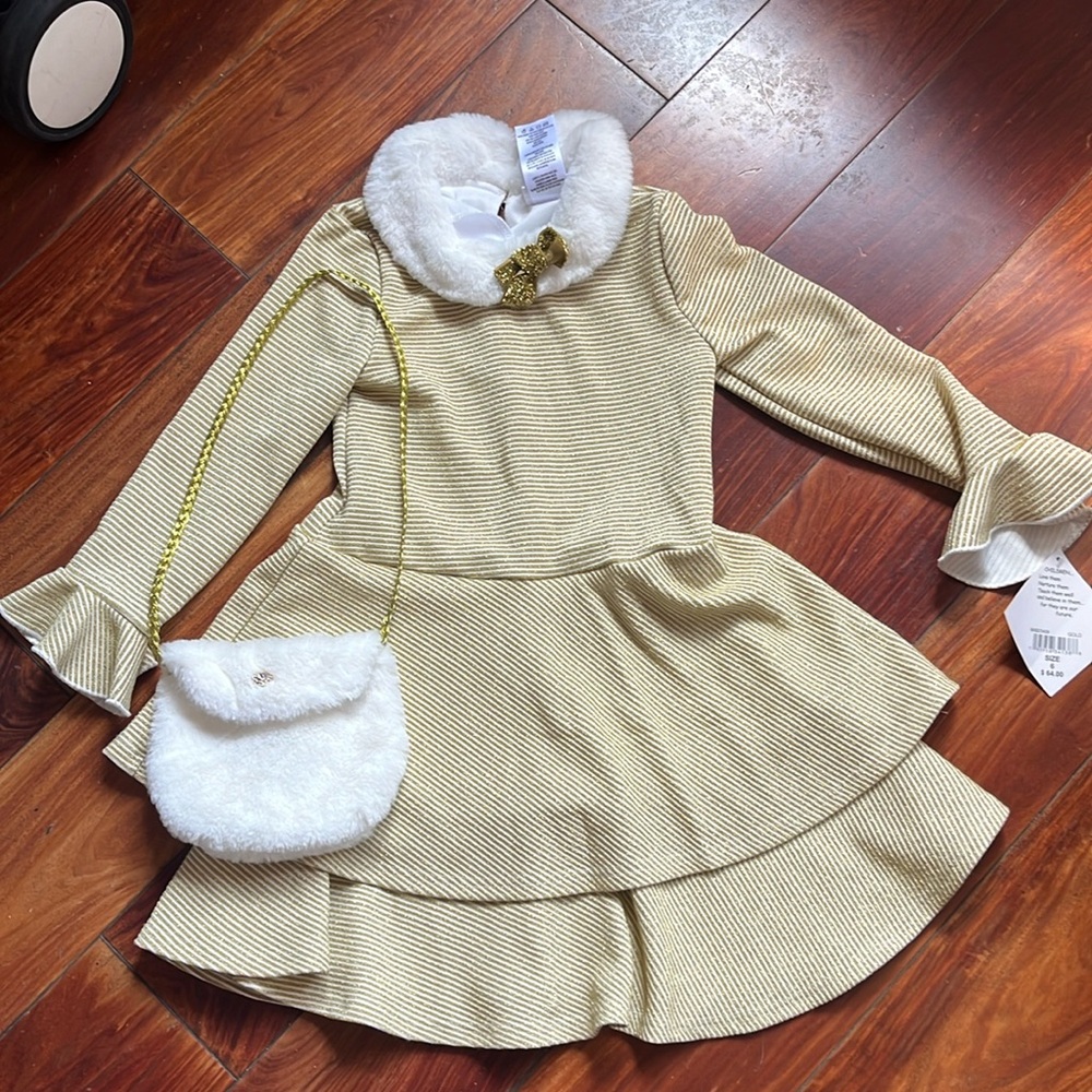 girls gold striped holiday dress set with matching bag